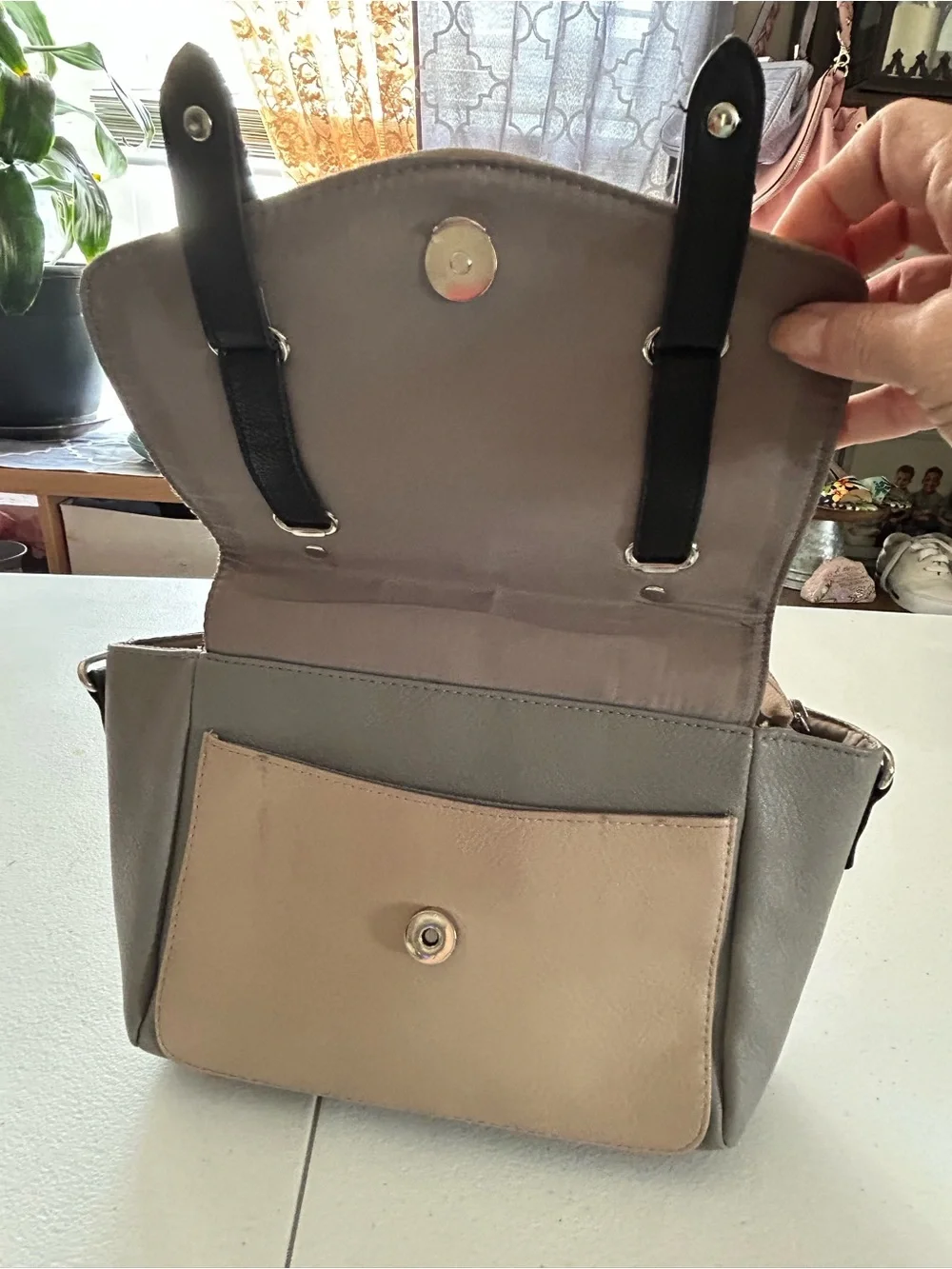 Rosetti Taupe Satchel with Black Straps and Gray Sides